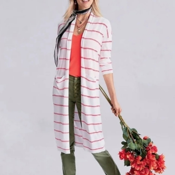 CAbi Orange And White Striped Stroll Long Open Face Cardigan/Duster Sweater Sz M - Picture 2 of 15